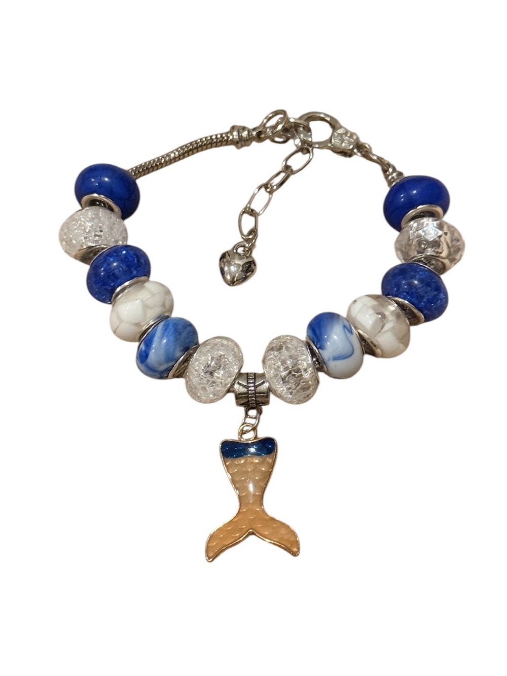 Blue Mermaid Tail Charm Beaded Bracelet Silver Tone